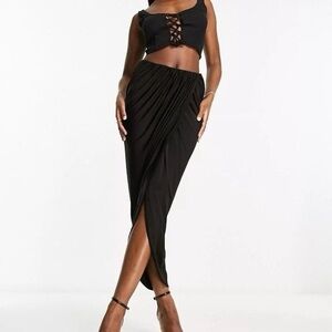 Black Ruched Wrap Midi Skirt - Women